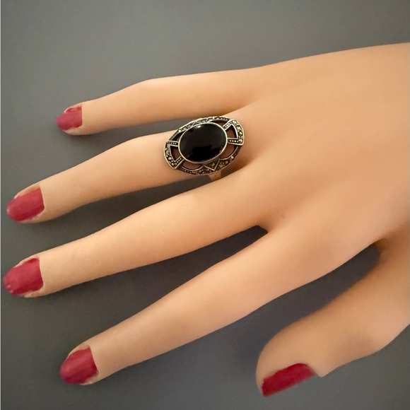 VTG Art Deco Style Sterling Silver Onyx Marcasite Ring - Picture 2 of 5